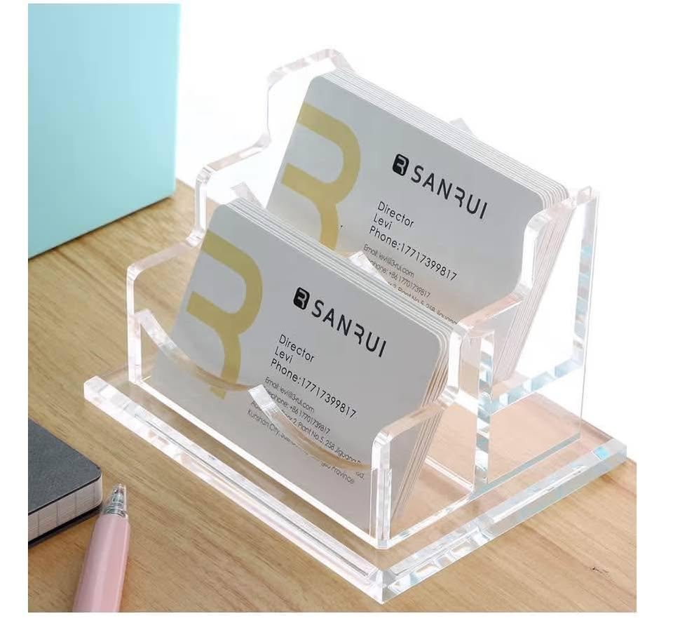 Clear Acrylic Business Card Holder for Desk, Office 2 Tier 2 Pocket, 100 Card Ca