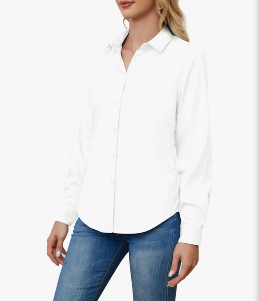 Wrinkle Free Womens Button Down Shirts for Women Long Sleeve,White, X-Large