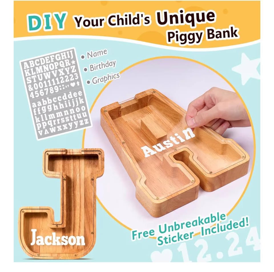 Wooden Letter Piggy Bank| Piggy Bank for Boys Girls Toddler| Money Bank| Coin Ba