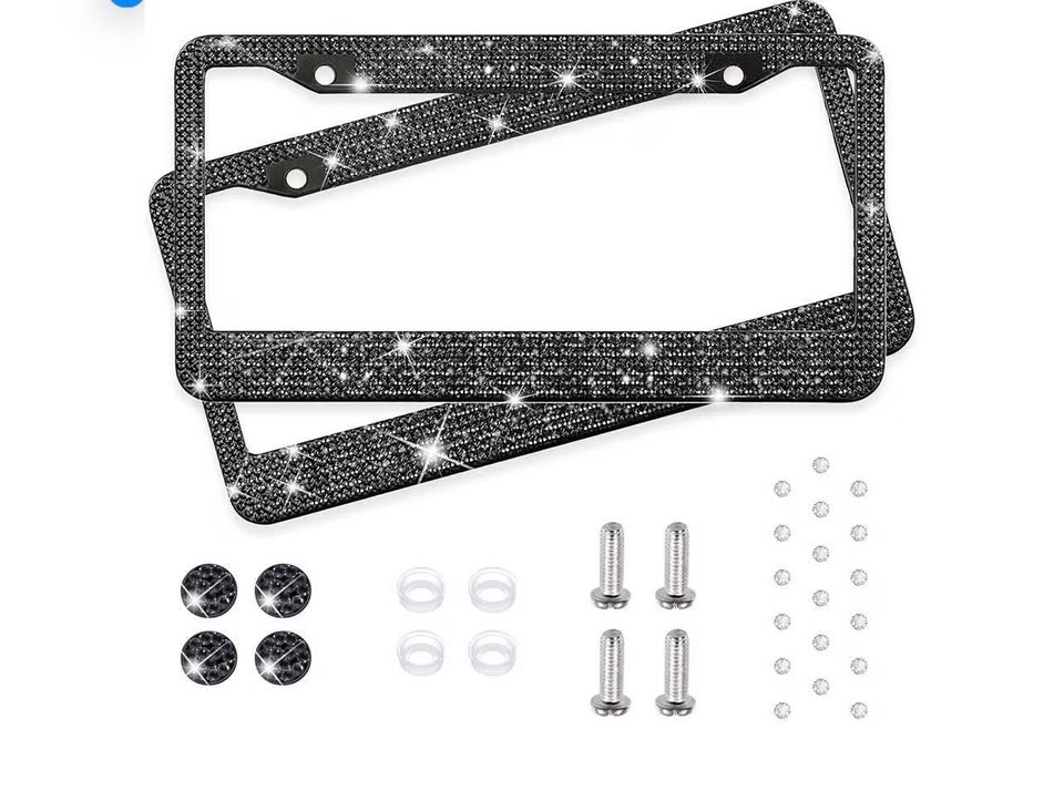 Black Bling License Plate Frames for Women - 2 Pack Bedazzled Cover, Clear Cryst
