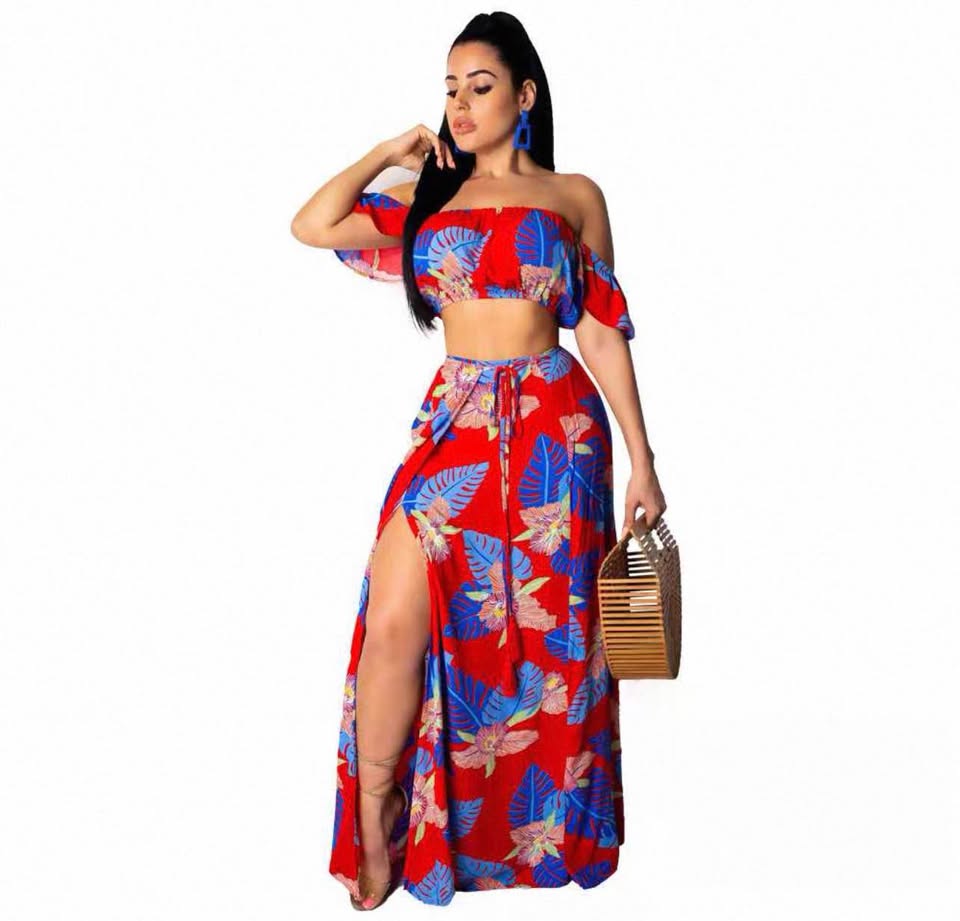 2-Piece Tropical Floral Crop Top and Maxi Skirt Set 2XL