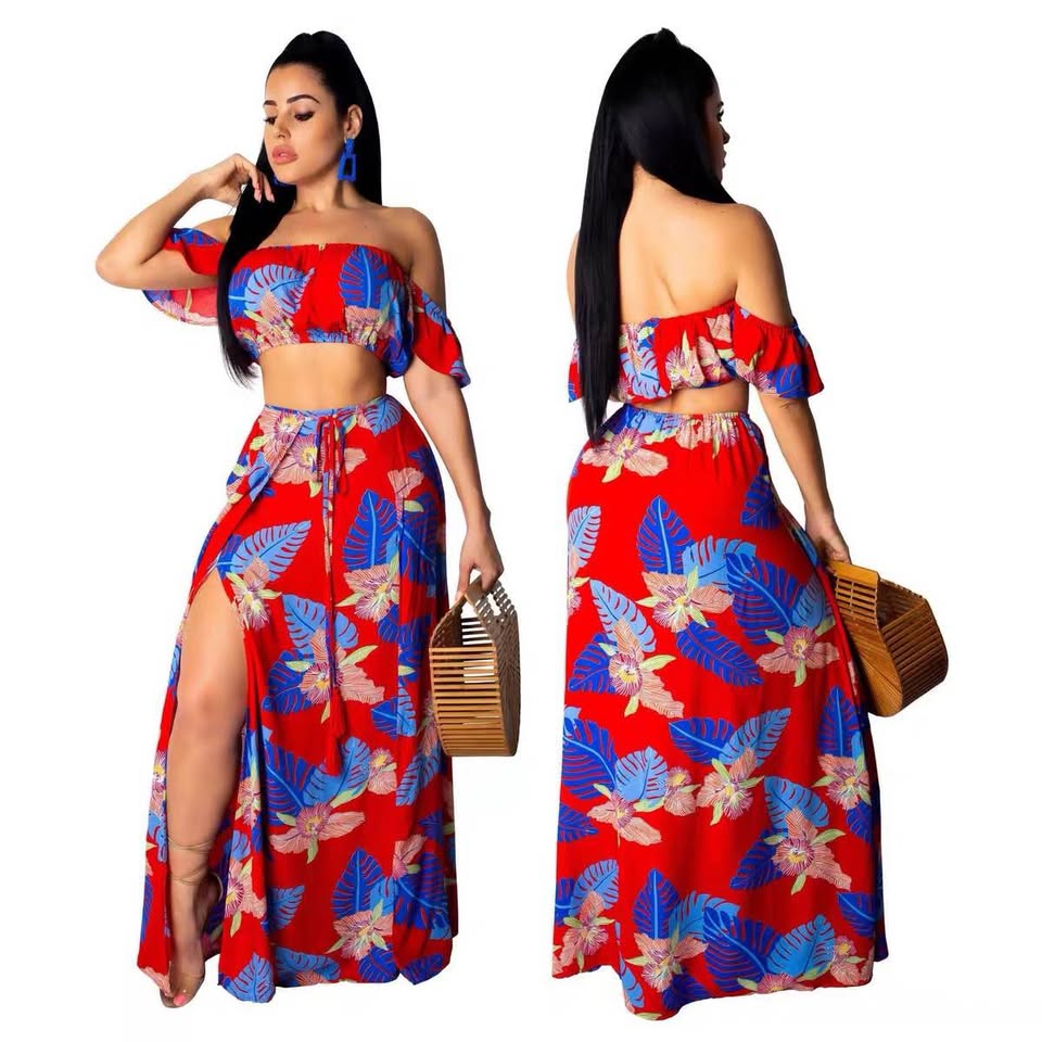 2-Piece Tropical Floral Crop Top and Maxi Skirt Set 2XL