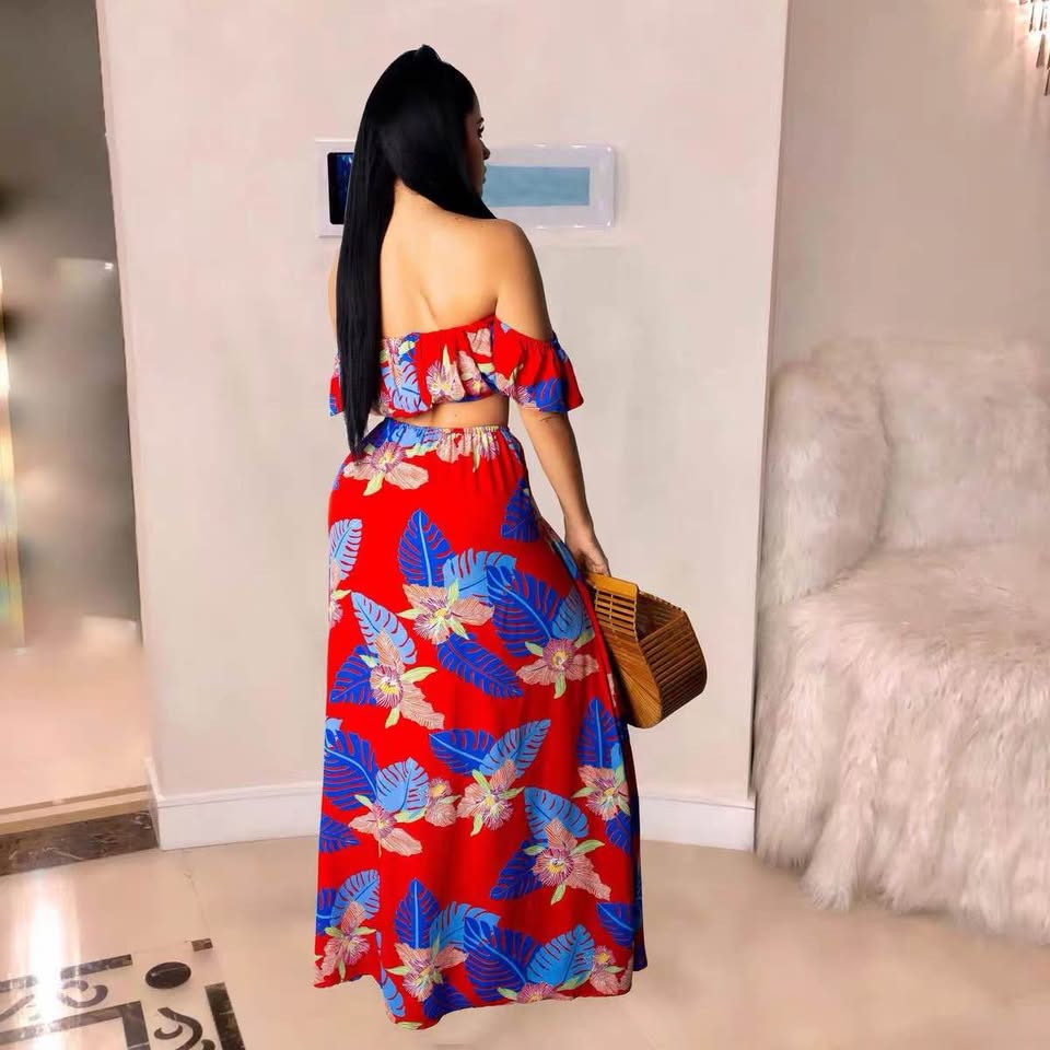 2-Piece Tropical Floral Crop Top and Maxi Skirt Set 2XL