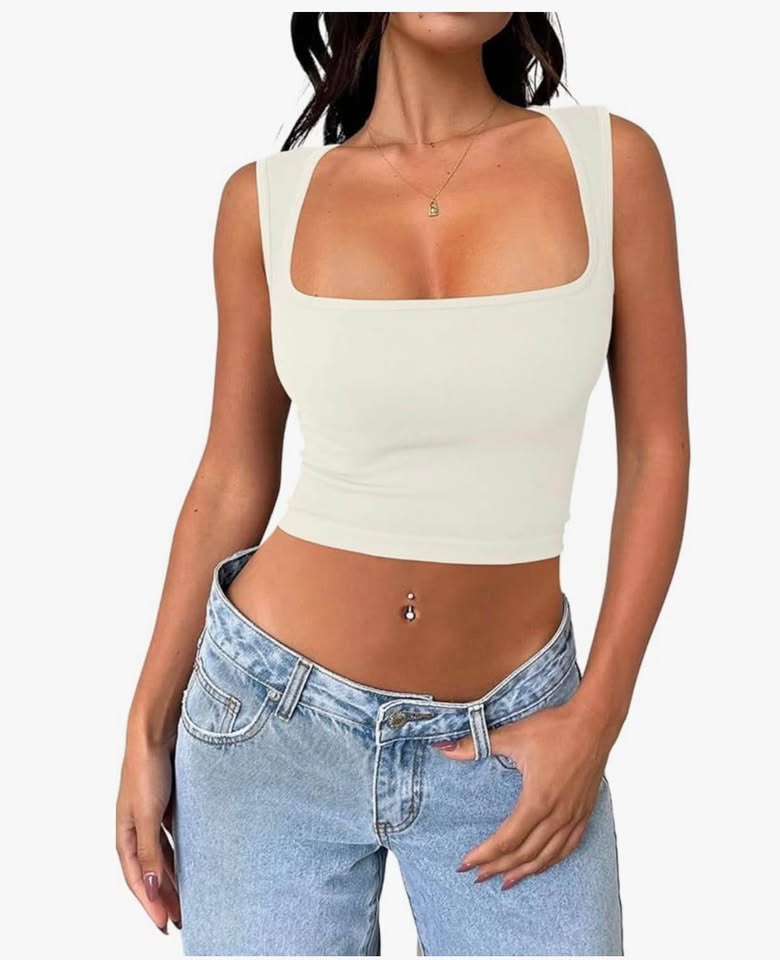 Women's sleeveless crop top seamless square neck Trendy Tank ，beige ，small