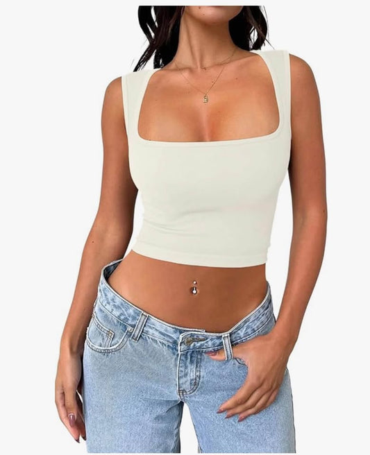 Women's sleeveless crop top seamless square neck Trendy Tank ，beige ，small