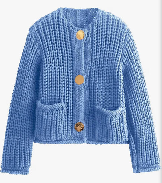 Blue Chunky Knit Button-Up Cardigan