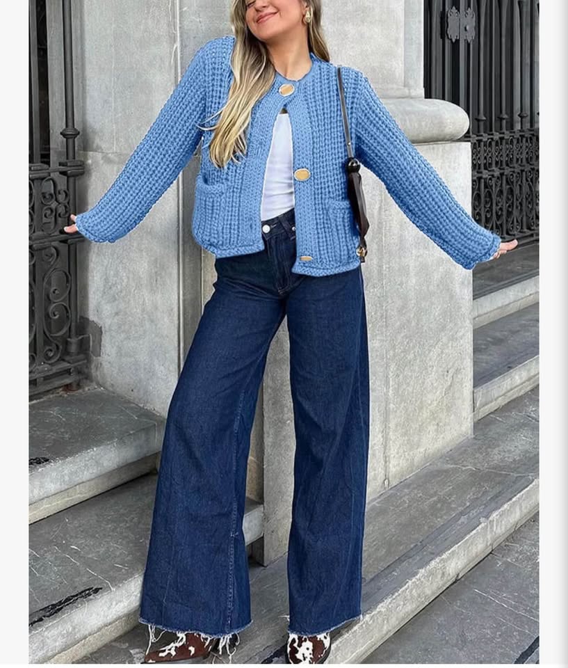Blue Chunky Knit Button-Up Cardigan