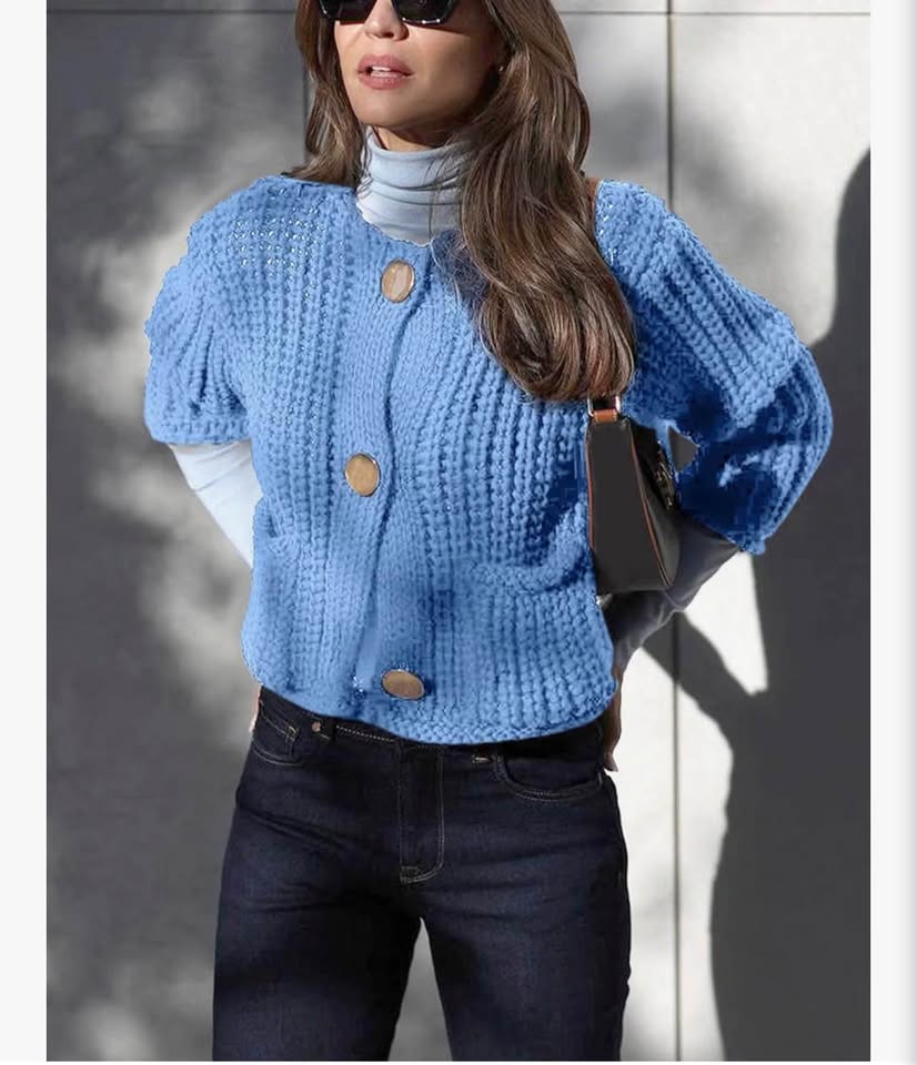 Blue Chunky Knit Button-Up Cardigan