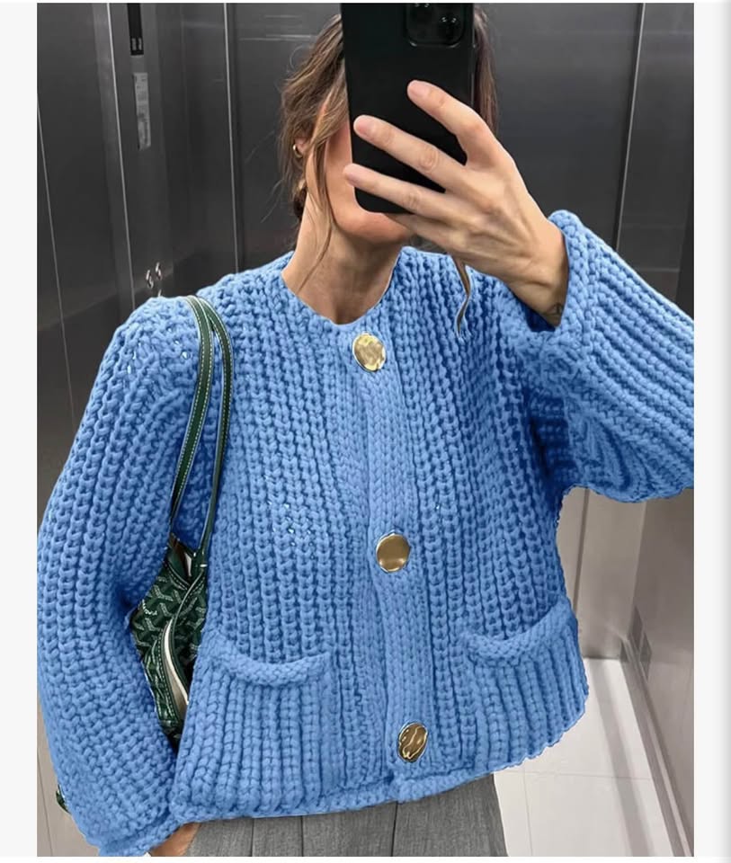 Blue Chunky Knit Button-Up Cardigan