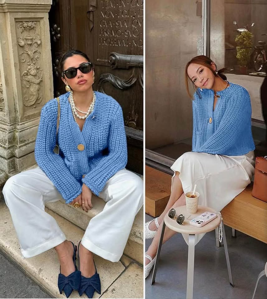 Blue Chunky Knit Button-Up Cardigan