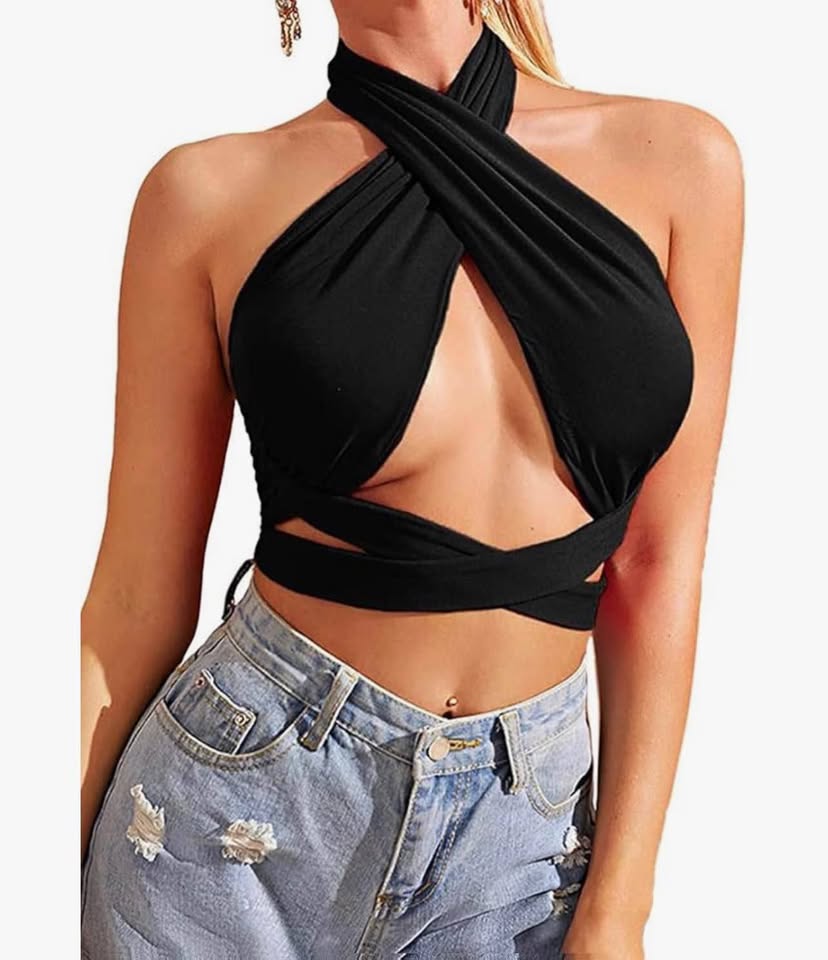 women's halter wrap tops criss cross cutout crop vests self tie back strappy ban