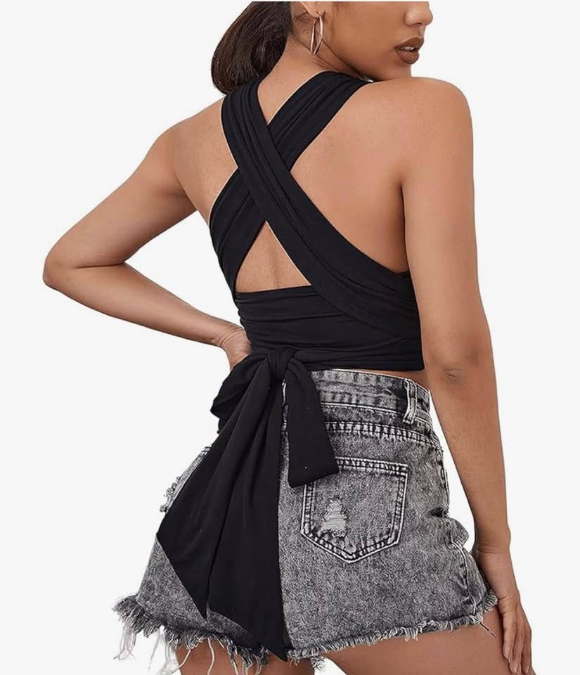 women's halter wrap tops criss cross cutout crop vests self tie back strappy ban