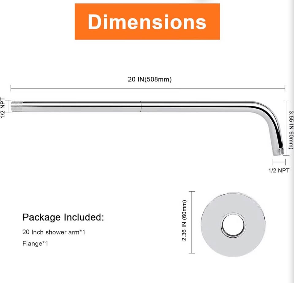 20-Inch Stainless Steel Shower Arm with Flange