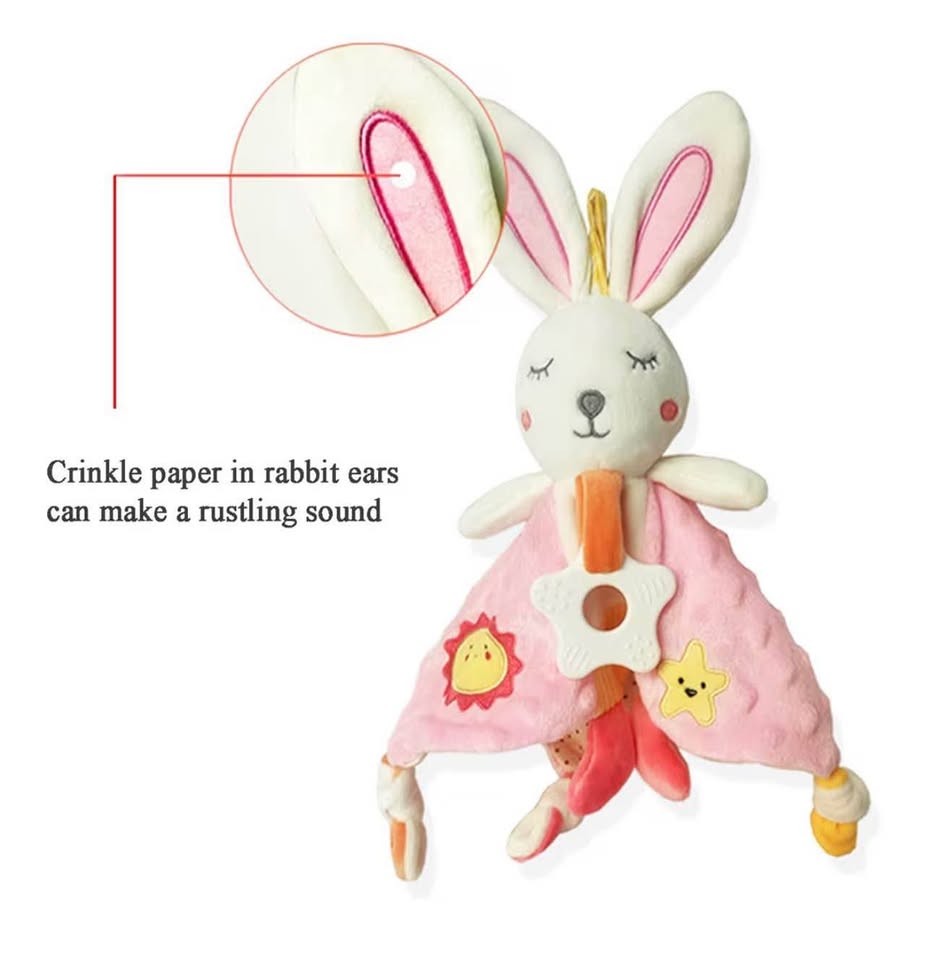Baby Stuffed Animal Security Blanket with Ribbon & Rattle, Baby Lovey Rabbit Soo
