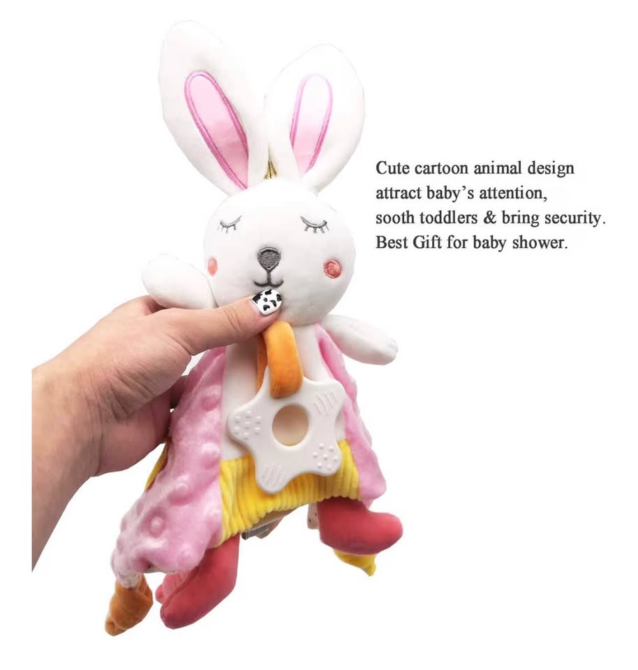 Baby Stuffed Animal Security Blanket with Ribbon & Rattle, Baby Lovey Rabbit Soo