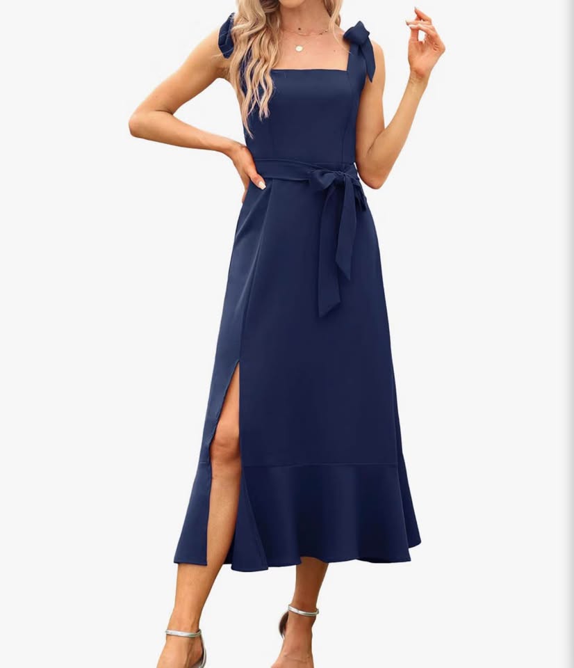 Women's Elegant Bridesmaid Dresses Square Neck Ruffle Split Midi Formal Dress fo