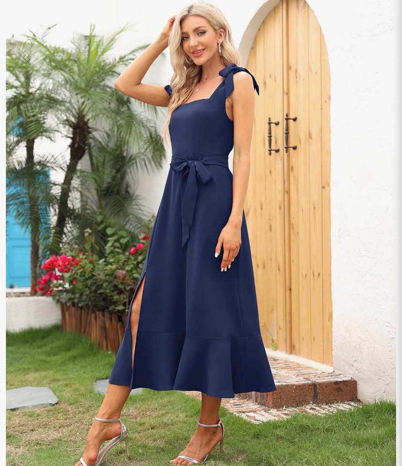 Women's Elegant Bridesmaid Dresses Square Neck Ruffle Split Midi Formal Dress fo