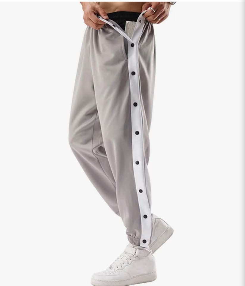 Men's Tear Away Basketball Pants Post Surgery Side Split Snap Button Sweatpants 