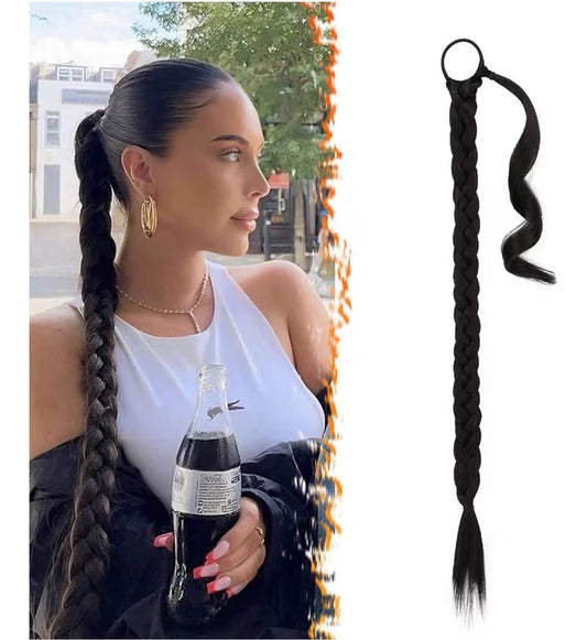 26 Inch Long Braided Ponytail Extension with Hair Tie - Straight Sleek Wrap Arou
