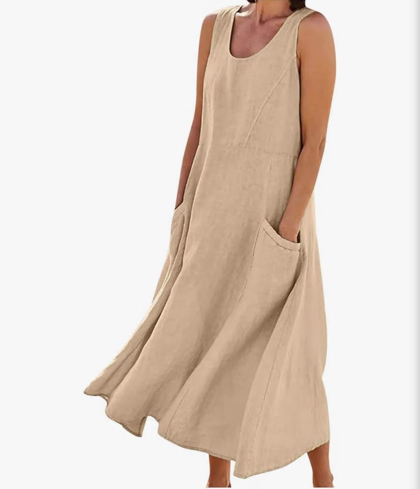 Womens Solid Cotton and Linen Dress Summer Casual Sleeveless U Neck Tank Dress w