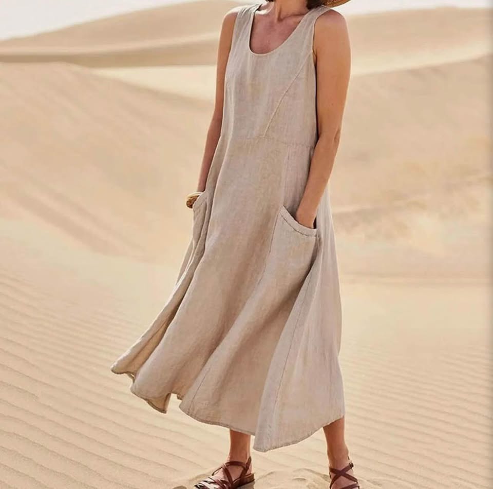 Womens Solid Cotton and Linen Dress Summer Casual Sleeveless U Neck Tank Dress w
