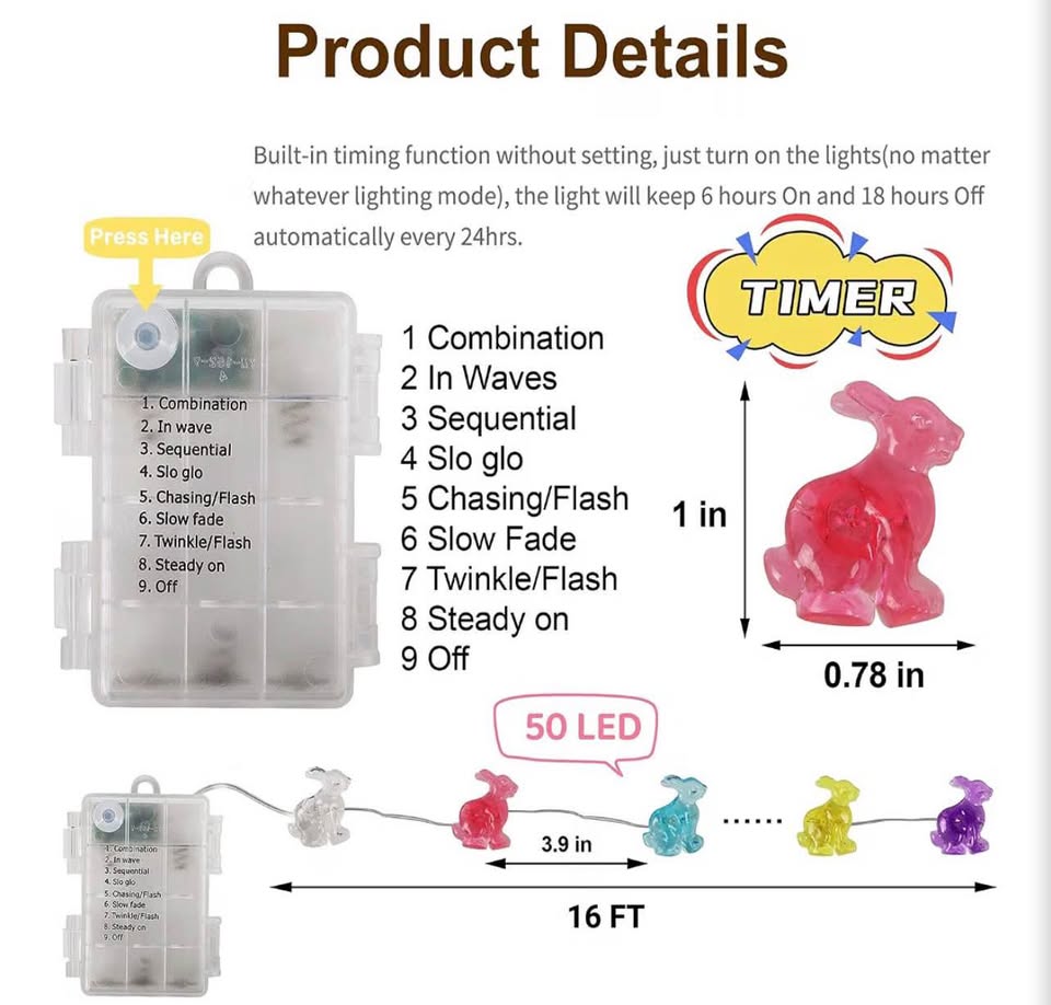 50 LED 16FT Easter Bunny String Lights with Timer