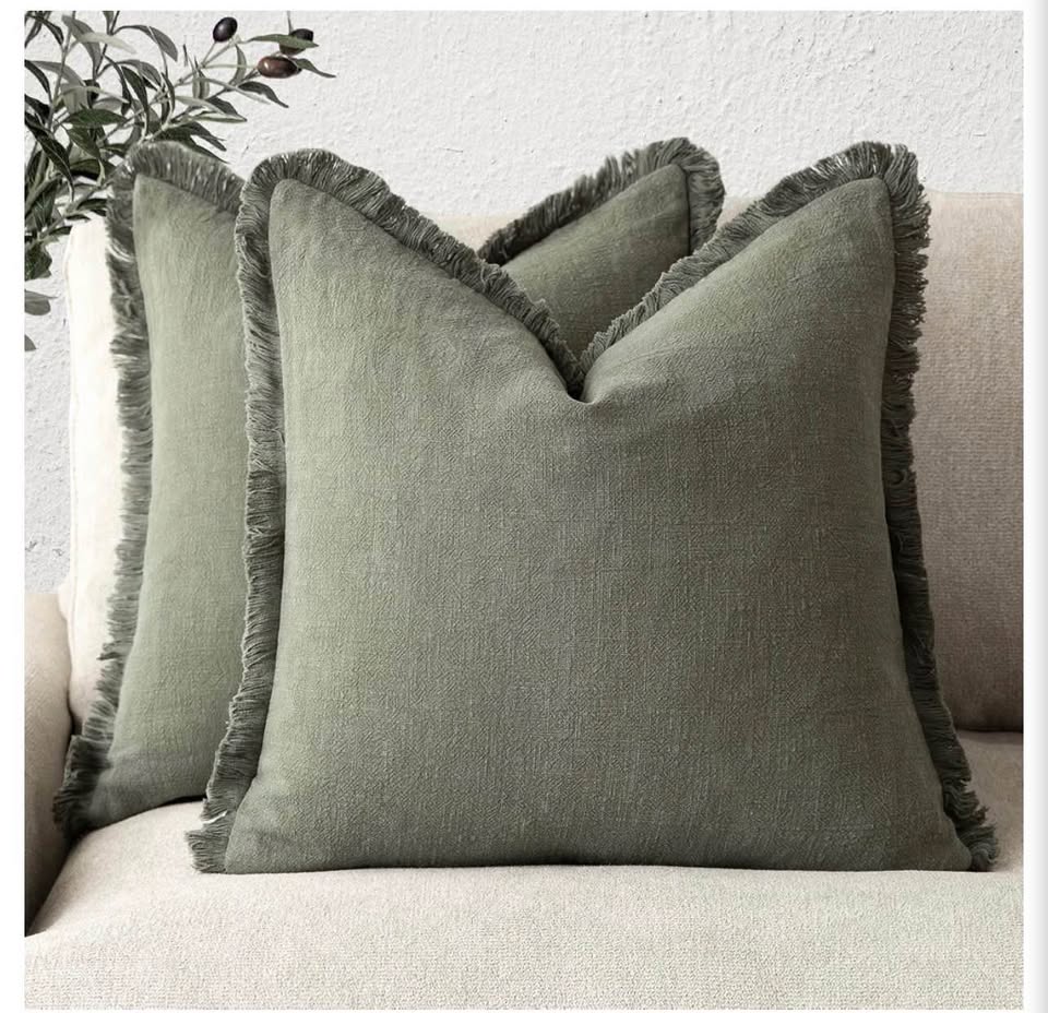 Natural Linen Fringed Pillow Covers - Olive Green18x18inch &20x20inch