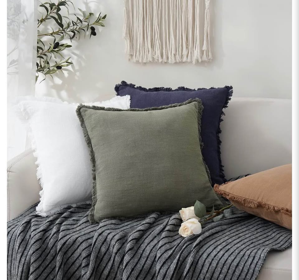 Natural Linen Fringed Pillow Covers - Olive Green18x18inch &20x20inch