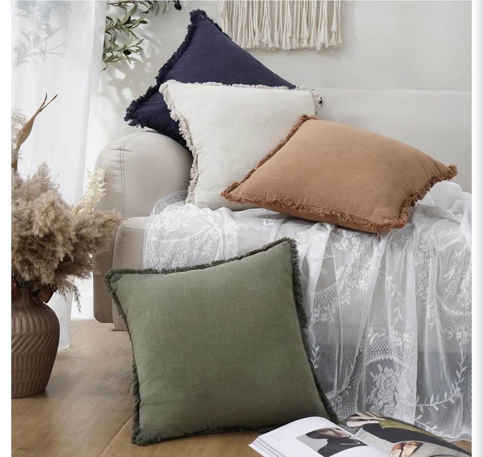 Natural Linen Fringed Pillow Covers - Olive Green18x18inch &20x20inch