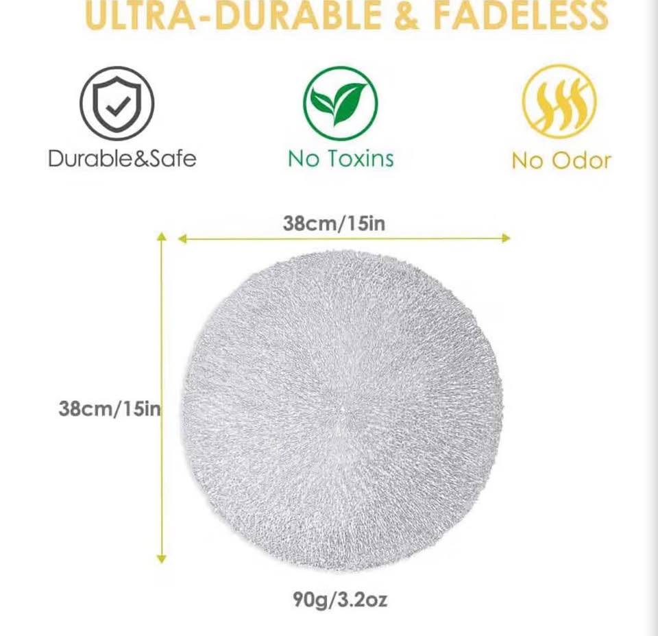 Placemats Set of 4, Round Heat-Resistant Vinyl Placemat, 15 inch Non-Slip Washab