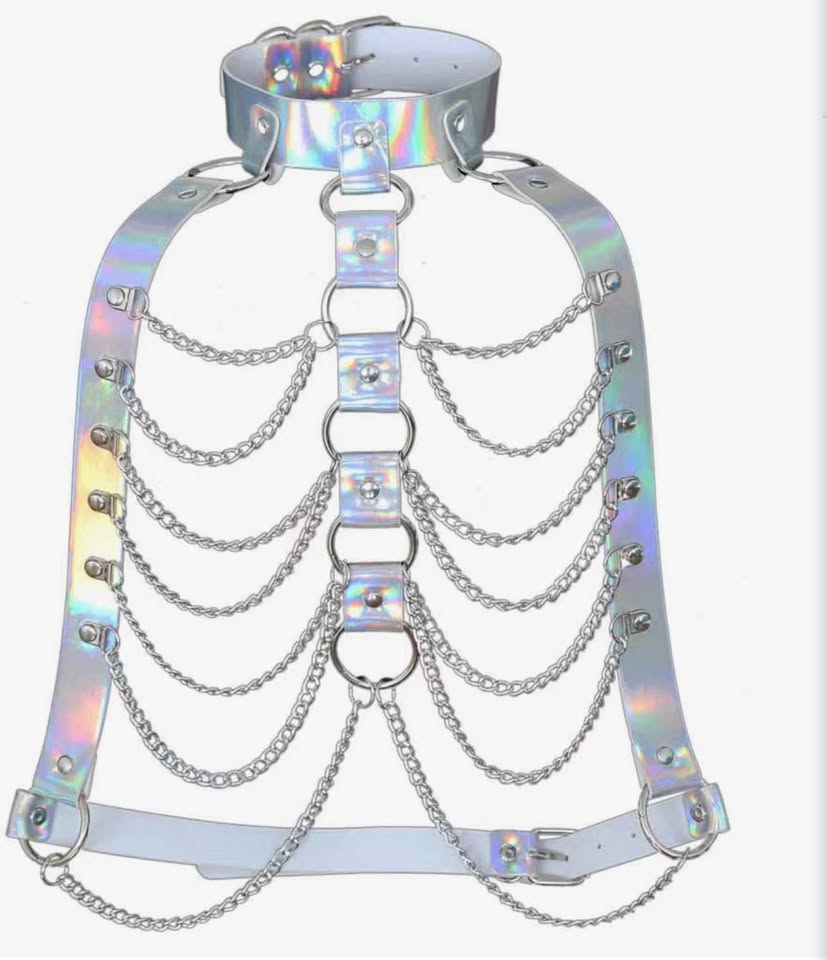 Women Holographic Leather Adjust Exotic Harness Cage Bra with Chains Rock Punk B