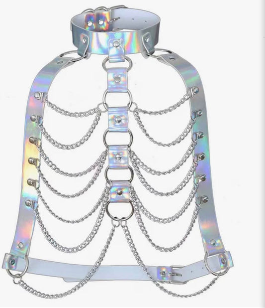 Women Holographic Leather Adjust Exotic Harness Cage Bra with Chains Rock Punk B