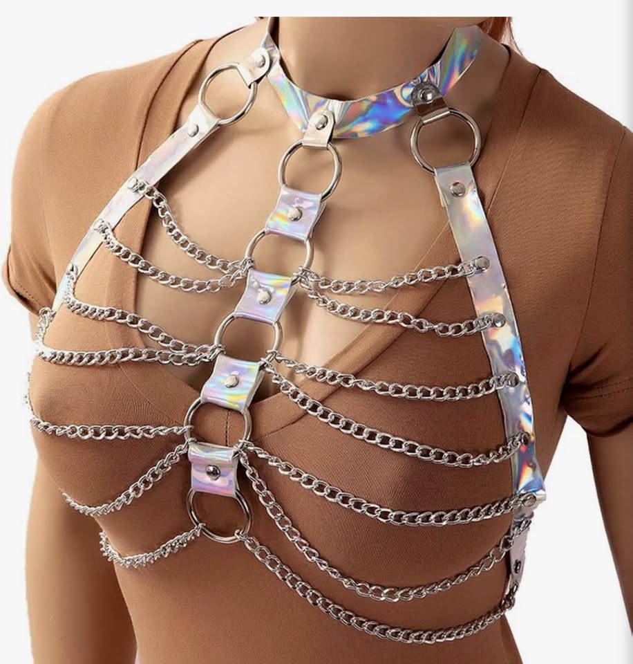 Women Holographic Leather Adjust Exotic Harness Cage Bra with Chains Rock Punk B