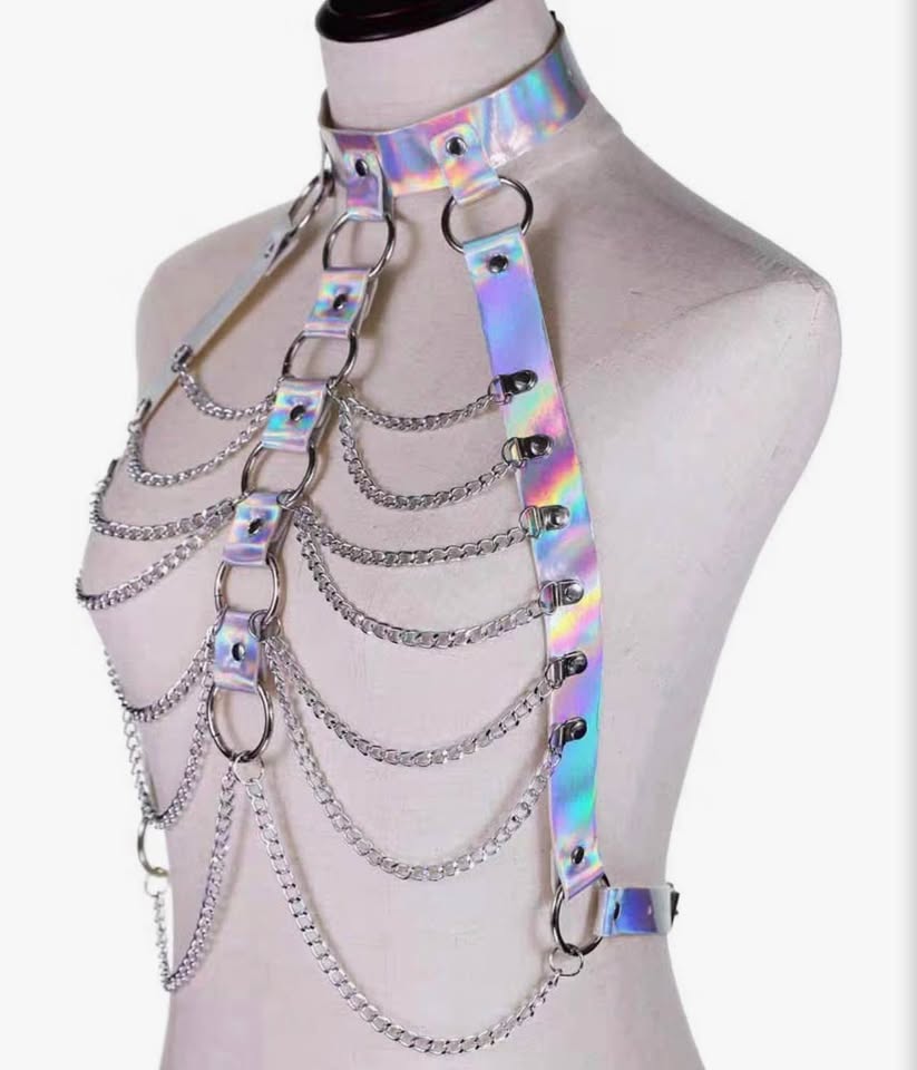Women Holographic Leather Adjust Exotic Harness Cage Bra with Chains Rock Punk B