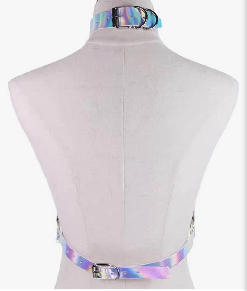 Women Holographic Leather Adjust Exotic Harness Cage Bra with Chains Rock Punk B