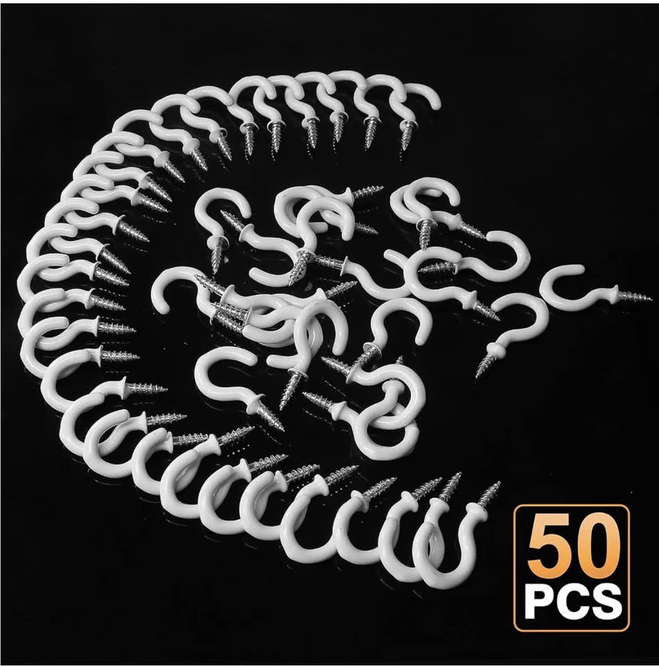 50Pcs White Cup Hooks, 7/8 Inch Ceiling Hooks Metal Screw-in Hooks Vinyl Coated 