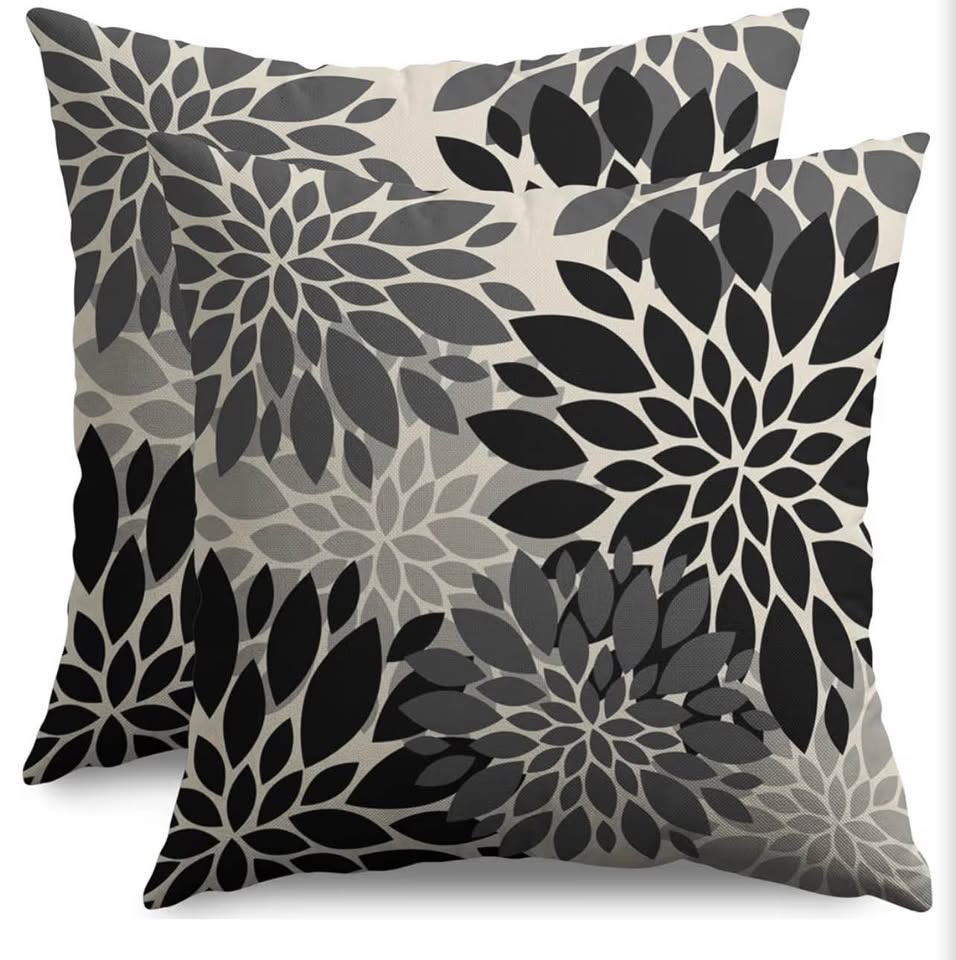 Set of 2 Black and Grey Floral Dahlia Throw Pillow Covers