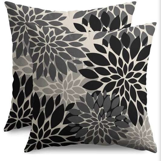 Set of 2 Black and Grey Floral Dahlia Throw Pillow Covers