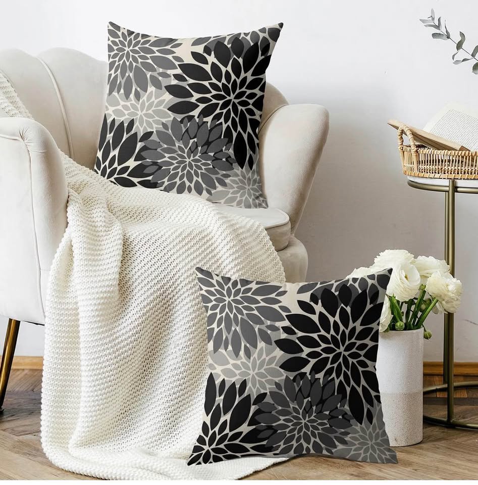 Set of 2 Black and Grey Floral Dahlia Throw Pillow Covers