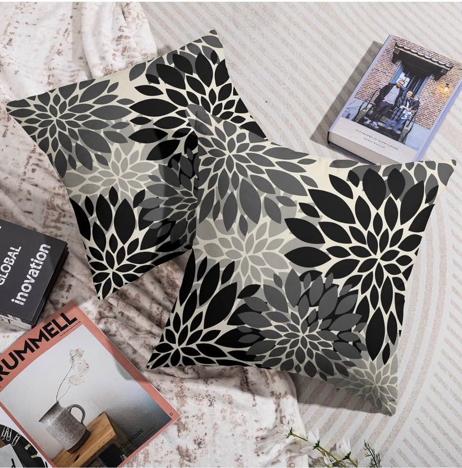 Set of 2 Black and Grey Floral Dahlia Throw Pillow Covers