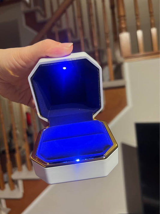 Luxury White Ring Box 3"x3''x2'' With Light, Square Wedding Ring Jewelry Elegant