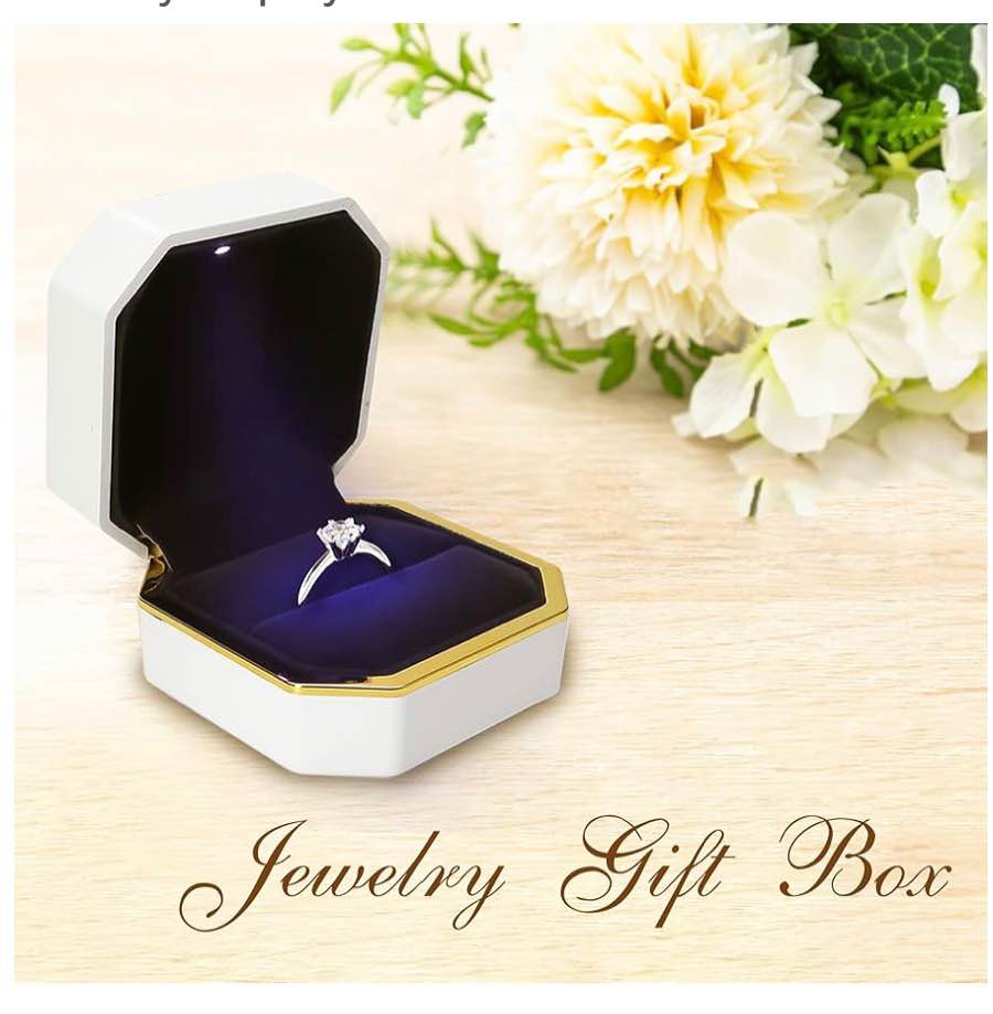 Luxury White Ring Box 3"x3''x2'' With Light, Square Wedding Ring Jewelry Elegant