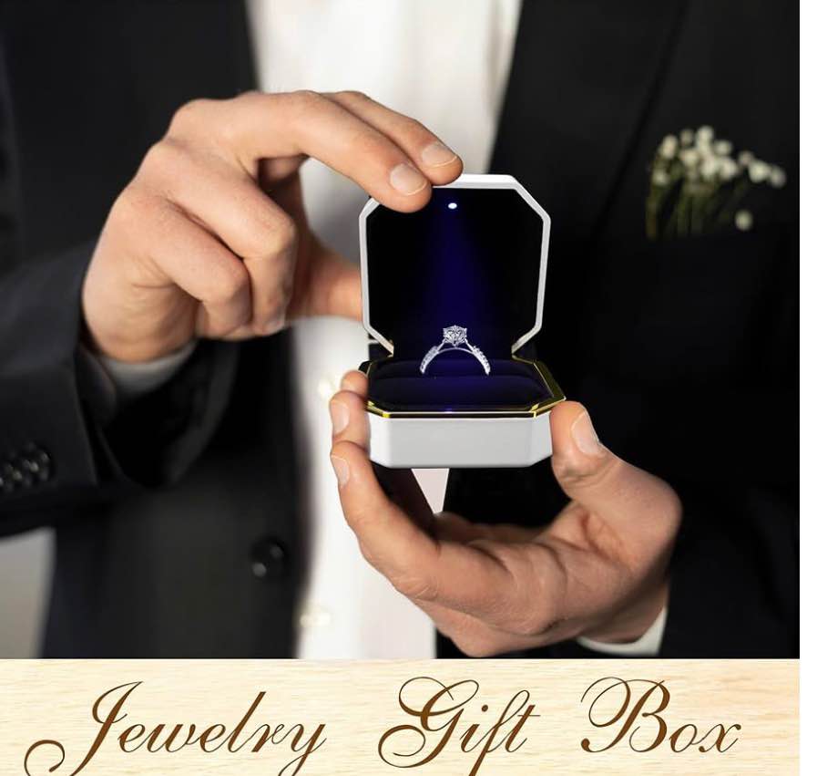 Luxury White Ring Box 3"x3''x2'' With Light, Square Wedding Ring Jewelry Elegant