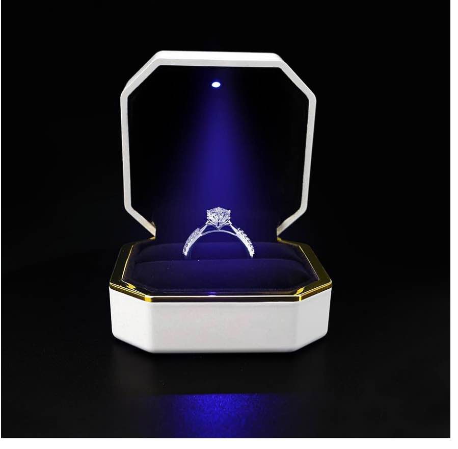 Luxury White Ring Box 3"x3''x2'' With Light, Square Wedding Ring Jewelry Elegant