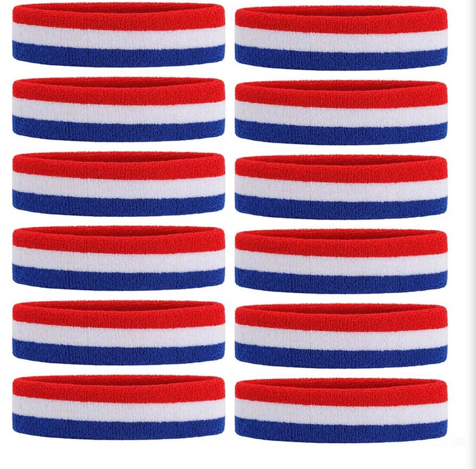 Red White and Blue Striped Sports Sweatbands - 12 Pack
