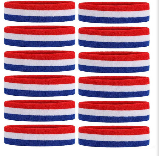 Red White and Blue Striped Sports Sweatbands - 12 Pack