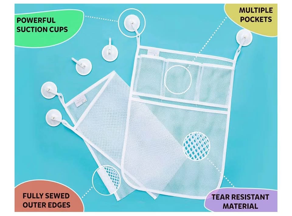 2 x Mesh Bath Toy Organizer + 8 Ultra Strong Hooks – The Perfect Bathtub Toy Hol