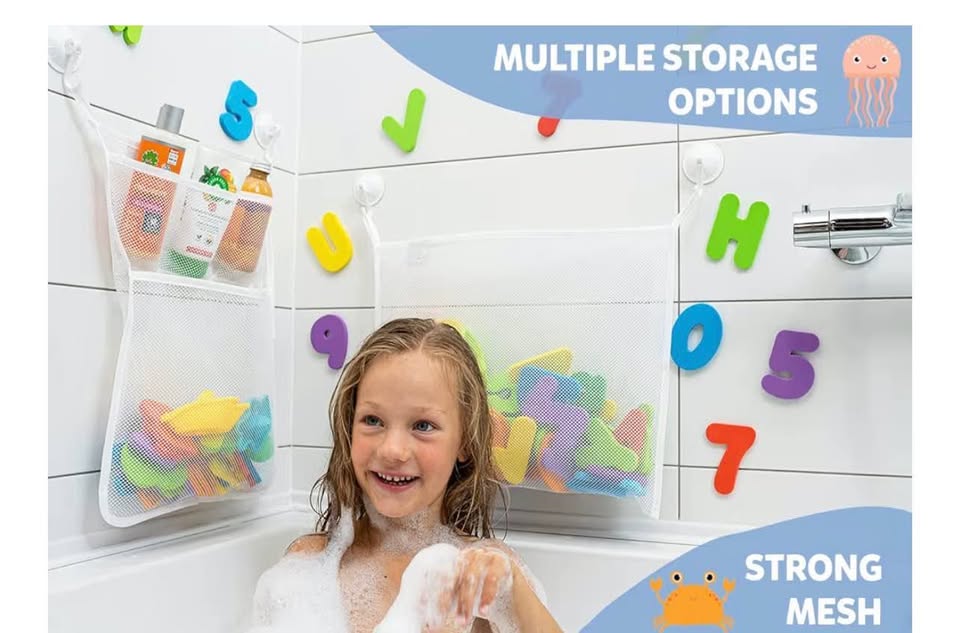 2 x Mesh Bath Toy Organizer + 8 Ultra Strong Hooks – The Perfect Bathtub Toy Hol