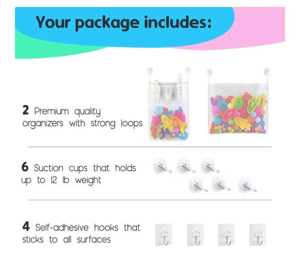 2 x Mesh Bath Toy Organizer + 8 Ultra Strong Hooks – The Perfect Bathtub Toy Hol