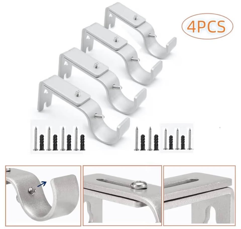 4 Pcs Adjustable Heavy Silver Iron Curtain Rod Support, Hardware Window Curtain 